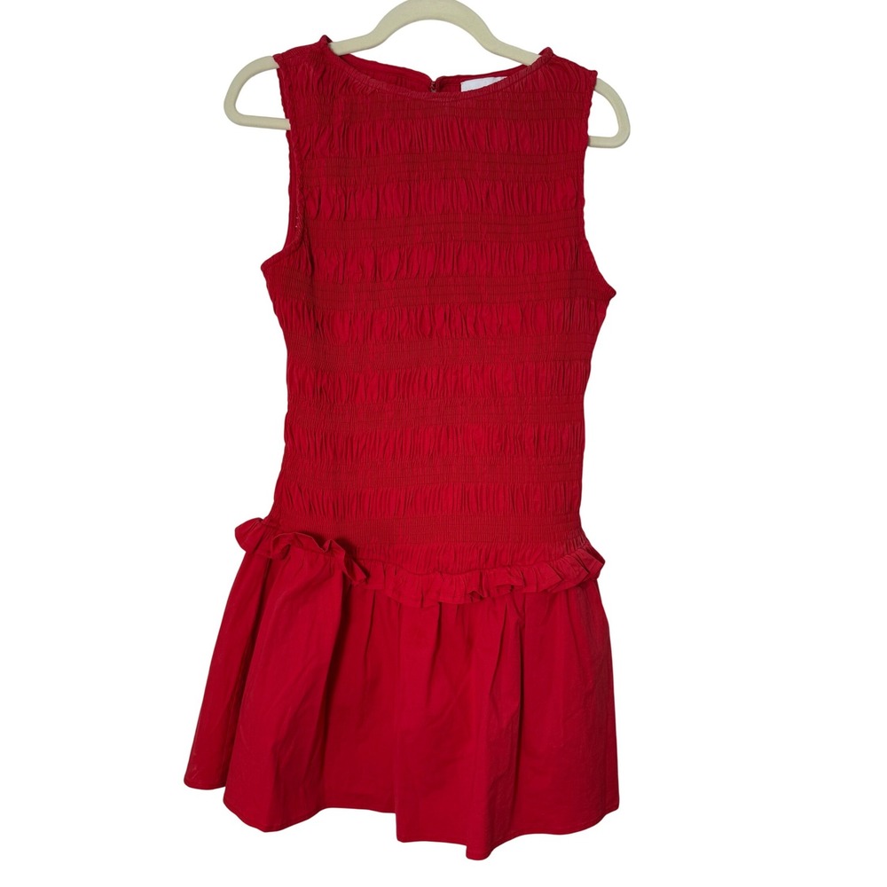 MABLE Smocked Mini Dress Womens Medium Red Excellent Ruffle Drop Waist